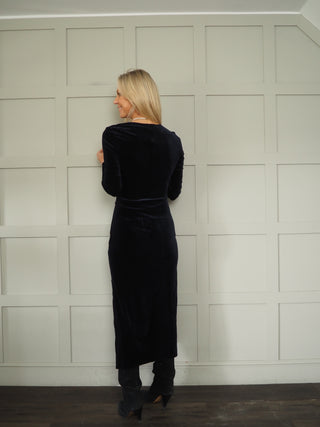 Dichte Velvet Long Sleeve Dress with Side Split by Part Two - Black, Blue, Chocolate