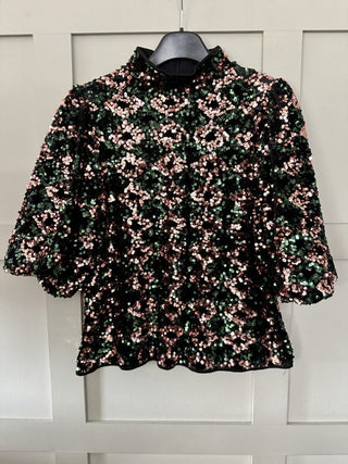 Samio Sequin Sparkly High Neck Blouse with 3/4 Length Sleeves by BYoung - Green/Black/Bronze