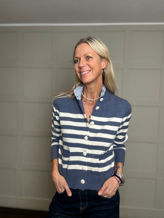 Patton Stripe Cardigan with Stripe Collar Detail - Denim Blue, Navy Blue