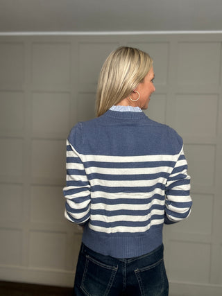Patton Stripe Cardigan with Stripe Collar Detail - Denim Blue, Navy Blue