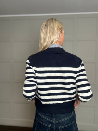 Patton Stripe Cardigan with Stripe Collar Detail - Denim Blue, Navy Blue