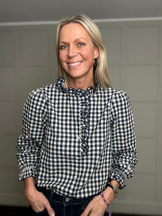 Maggie Gingham Blouse with Scalloped Detailed  - Chocolate, Navy Blue, Red