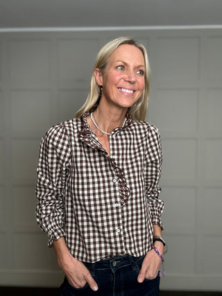 Maggie Gingham Blouse with Scalloped Detailed  - Chocolate, Navy Blue, Red