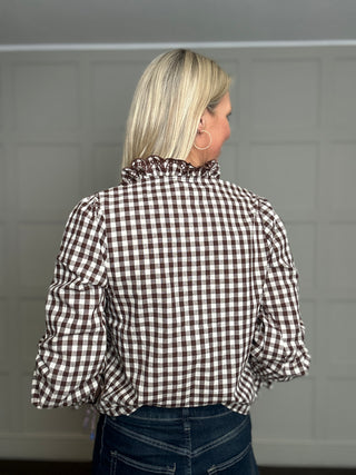 Maggie Gingham Blouse with Scalloped Detailed  - Chocolate, Navy Blue, Red