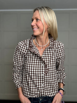 Maggie Gingham Blouse with Scalloped Detailed  - Chocolate, Navy Blue, Red