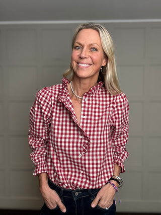 Maggie Gingham Blouse with Scalloped Detailed  - Chocolate, Navy Blue, Red