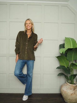 Cowdray High Neck Corduroy Blouse - Black, Biscuit, Burgundy, Chocolate, Ecru, Khaki, Navy Blue