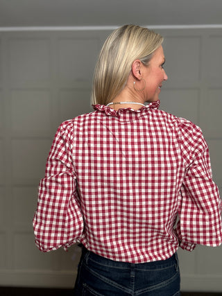 Maggie Gingham Blouse with Scalloped Detailed  - Chocolate, Navy Blue, Red
