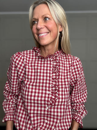 Maggie Gingham Blouse with Scalloped Detailed  - Chocolate, Navy Blue, Red