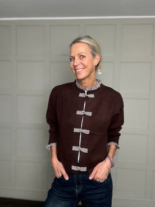 Lammy Cardigan with Gingham Toggles, Collar & Cuffs - Chocolate, Navy Blue