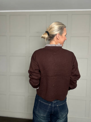 Lammy Cardigan with Gingham Toggles, Collar & Cuffs - Chocolate, Navy Blue