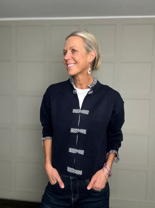 Lammy Cardigan with Gingham Toggles, Collar & Cuffs - Chocolate, Navy Blue
