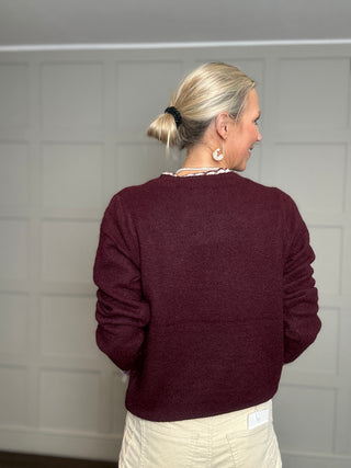 Ilana Button Jumper with Crochet Scalloped Edging - Burgundy, Cream, Navy Blue