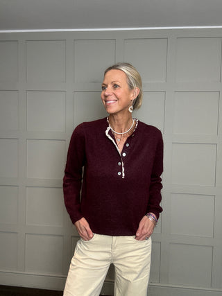 Ilana Button Jumper with Crochet Scalloped Edging - Burgundy, Cream, Navy Blue