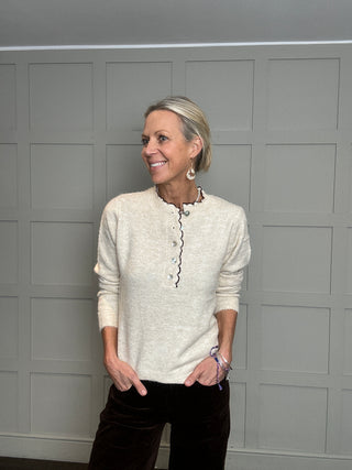 Ilana Button Jumper with Crochet Scalloped Edging - Burgundy, Cream, Navy Blue