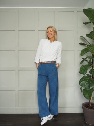 Leigh Wide Leg Trousers - Denim Blue Checked