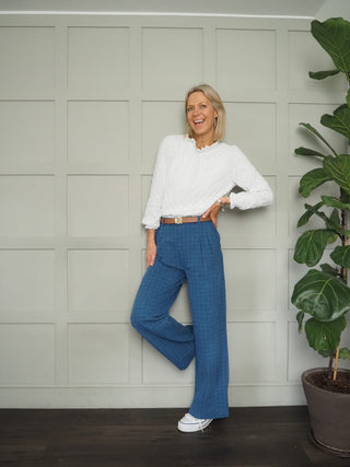 Leigh Wide Leg Trousers - Denim Blue Checked