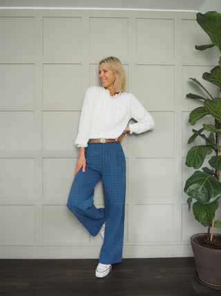 Leigh Wide Leg Trousers - Denim Blue Checked