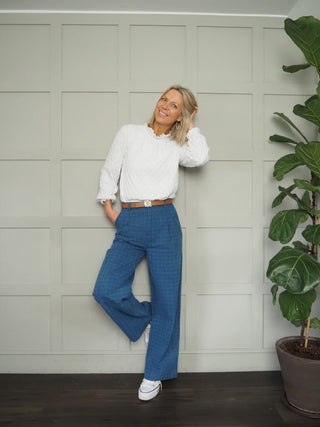 Leigh Wide Leg Trousers - Denim Blue Checked