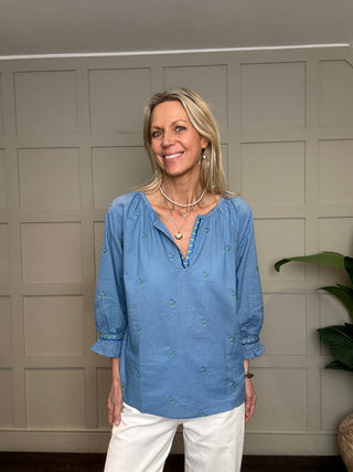 Florento Blouse with Embroidered Flowers by Luella - Blue/Green