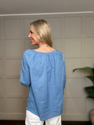 Florento Blouse with Embroidered Flowers by Luella - Blue/Green