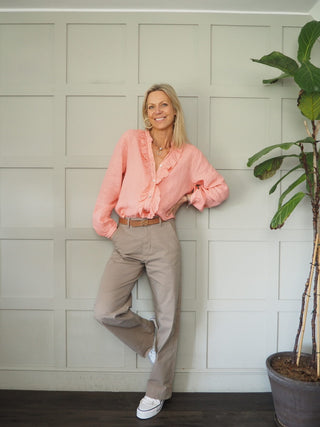 Peasmarsh Linen Blouse with Ruffle - Baby Blue, Coral, Cornflower Blue, Navy Blue, Pale Pink, Red, White