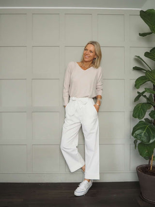Hendy Wide Leg Trousers with Paper Bag Waist - Ecru, Oatmeal