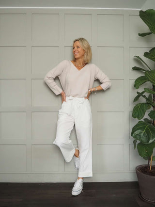 Hendy Wide Leg Trousers with Paper Bag Waist - Ecru, Oatmeal