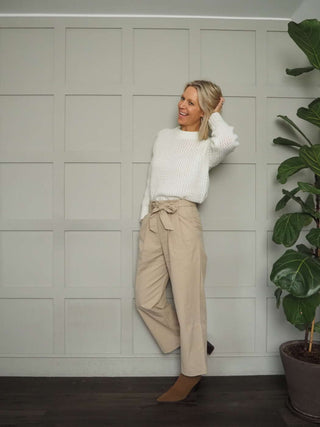 Hendy Wide Leg Trousers with Paper Bag Waist - Ecru, Oatmeal