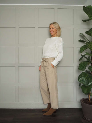 Hendy Wide Leg Trousers with Paper Bag Waist - Ecru, Oatmeal