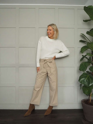 Hendy Wide Leg Trousers with Paper Bag Waist - Ecru, Oatmeal