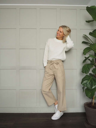 Hendy Wide Leg Trousers with Paper Bag Waist - Ecru, Oatmeal