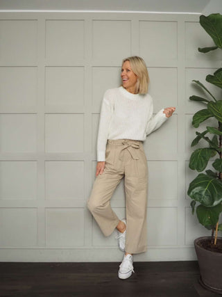 Hendy Wide Leg Trousers with Paper Bag Waist - Ecru, Oatmeal