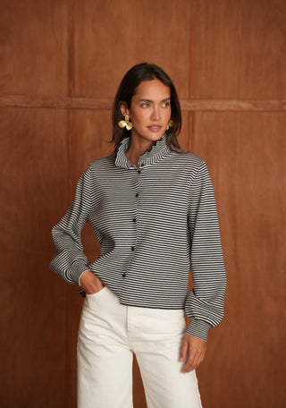 Jacquie Stripe Cardigan with Pleated Collar - Chocolate, Navy Blue