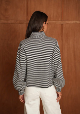 Jacquie Stripe Cardigan with Pleated Collar - Chocolate, Navy Blue