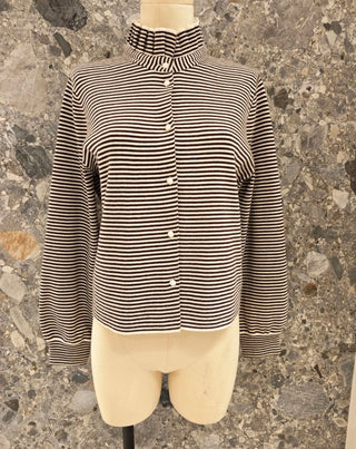 Jacquie Stripe Cardigan with Pleated Collar - Chocolate, Navy Blue