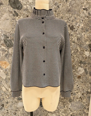 Jacquie Stripe Cardigan with Pleated Collar - Chocolate, Navy Blue