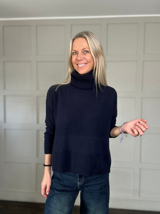 Ashley Merino Wool Polo Neck Jumper - Biscuit, Navy Blue