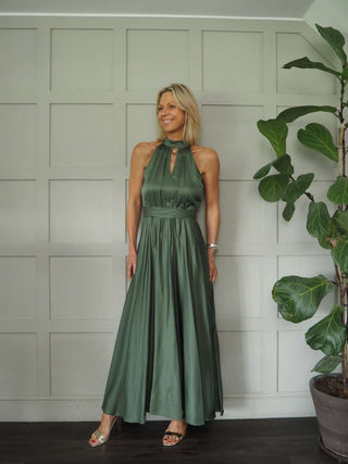 Delilah Satin Feel, Halter Neck Maxi Dress - Camel, Champagne