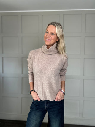 Ashley Merino Wool Polo Neck Jumper - Biscuit, Navy Blue
