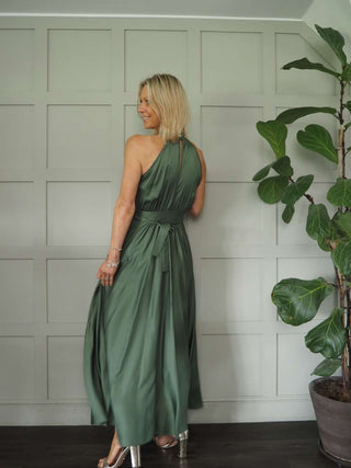 Delilah Satin Feel, Halter Neck Maxi Dress - Camel, Champagne