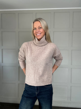 Ashley Merino Wool Polo Neck Jumper - Biscuit, Navy Blue