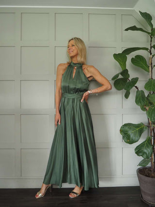 Delilah Satin Feel, Halter Neck Maxi Dress - Camel, Champagne