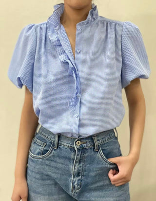 Aretha Short Sleeve Gingham Blouse with Ruffle Details - Blue/White