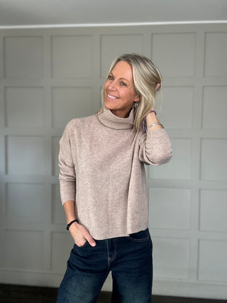 Ashley Merino Wool Polo Neck Jumper - Biscuit, Navy Blue