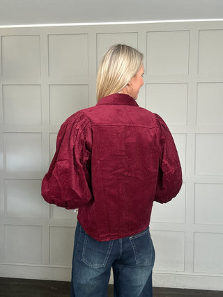 Nessy Corduroy Shirt with Cropped Balloon Sleeves - Burgundy, Ecru, Khaki, Navy Blue