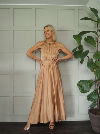 Delilah Satin Feel, Halter Neck Maxi Dress - Camel, Champagne