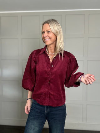Nessy Corduroy Shirt with Cropped Balloon Sleeves - Burgundy, Ecru, Khaki, Navy Blue