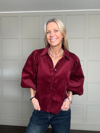 Nessy Corduroy Shirt with Cropped Balloon Sleeves - Burgundy, Ecru, Khaki, Navy Blue