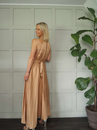 Delilah Satin Feel, Halter Neck Maxi Dress - Camel, Champagne